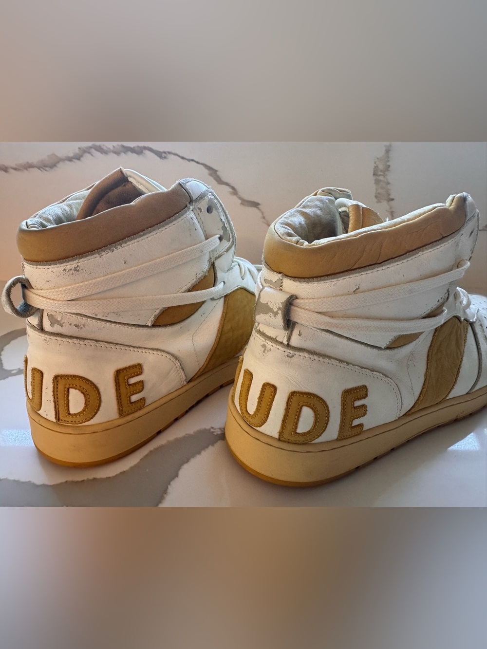 Rhude Rhecess Hi White/Yellow Leather Sneakers - Size 12 - Picture 7 of 16